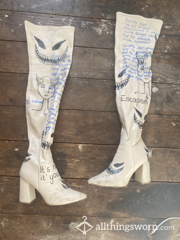 Thigh High Illustrated Worn Cream Boots