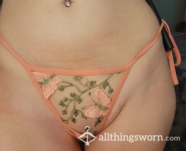 Tieable Bu*terfly Embroidered Pink Thong With Tying Straps & Cotton Gusset Size Small W Bralette Available Upon Request