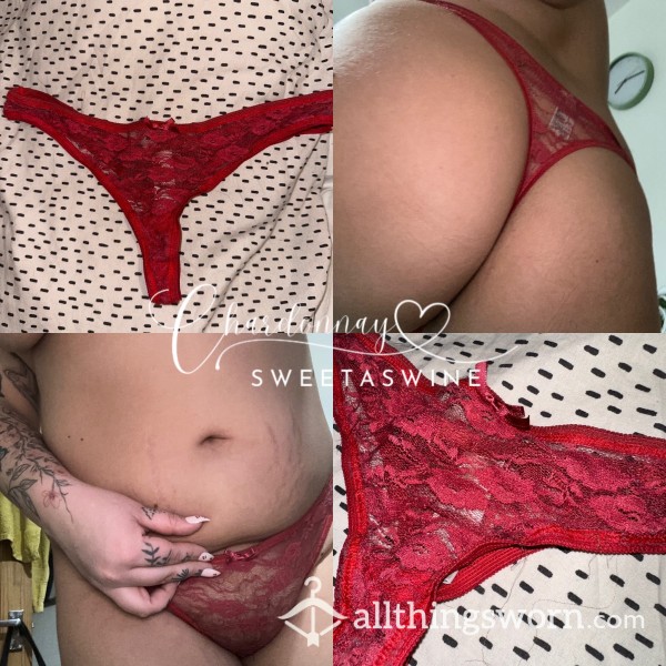 🍷UK 14|🍑Very Old Worn S**y Red Lace Thong❤️