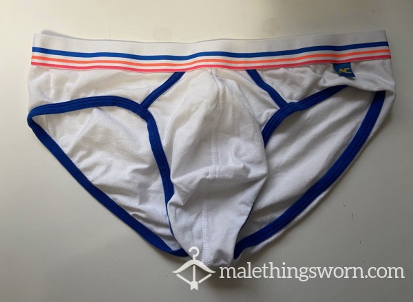 White AC Briefs With Blue Pink Orange Striped Waistband Size XL (35-38 In / 89-96 Cm)