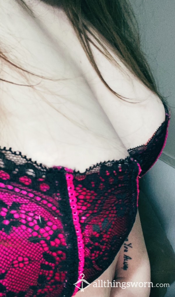 Used Black Lace And Magenta Bra 38C