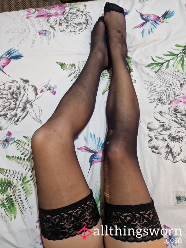 Used Laddered Black Nylon Lace Top Hold Ups