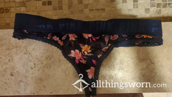 Victoria Secret Dark Blue With Flowers Thong