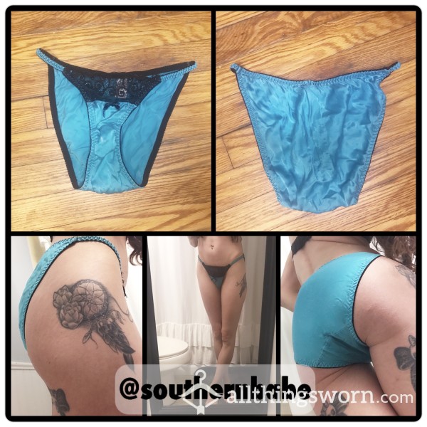 *Well Worn* Vintage 100% Silk String Bikini Blue Teal W Black Lace Detail Small Worn To Order