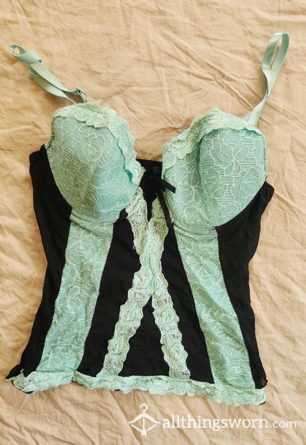 Vintage Well Worn Mint And Black Bustier - Size Medium - Sissy Wear - Lingerie