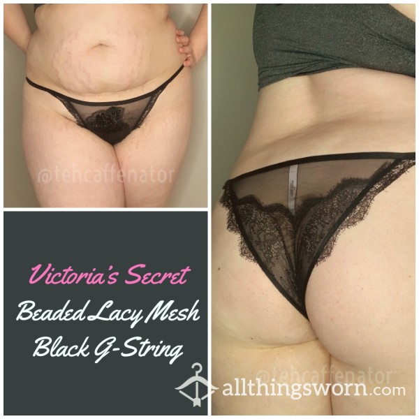 VS Beaded Lacy Black Mesh G-String - XL