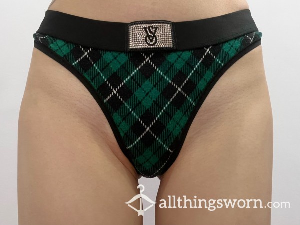 VS Green Plaid With Rhinestone Logo Thong