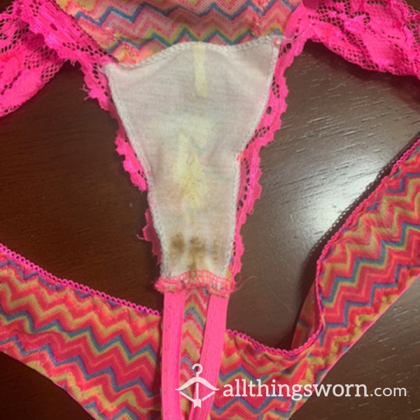 Well Worn And Stained Pink Thong Panties