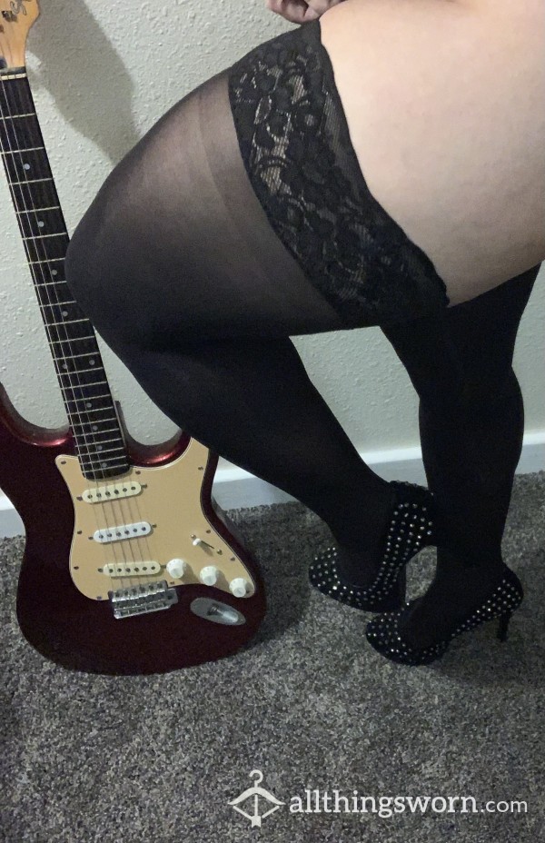 Super S**y Well-Worn Black Thigh-High Stockings With Lacy Top!