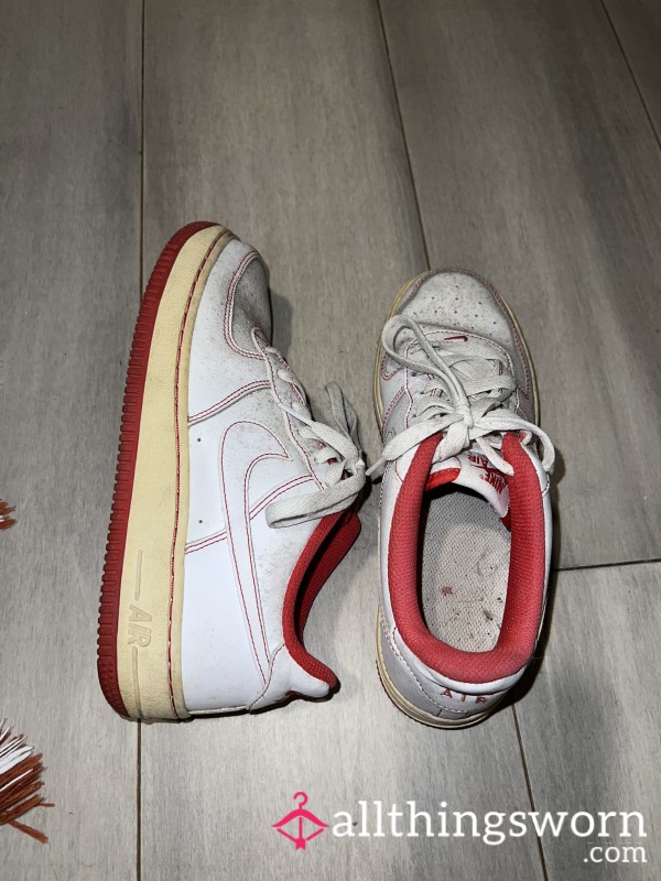 Well-Worn Dirty Red & White Air Force 1s