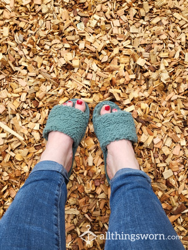 Well Worn Fluffy Green Slippers