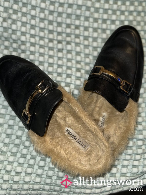 Well-worn Fluffy Steve Madden Leather Mules