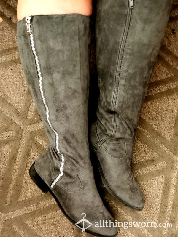 Well Worn Grey Flat Stretch Knee High Boots. Really S**y On. Smelly And Sweaty £40