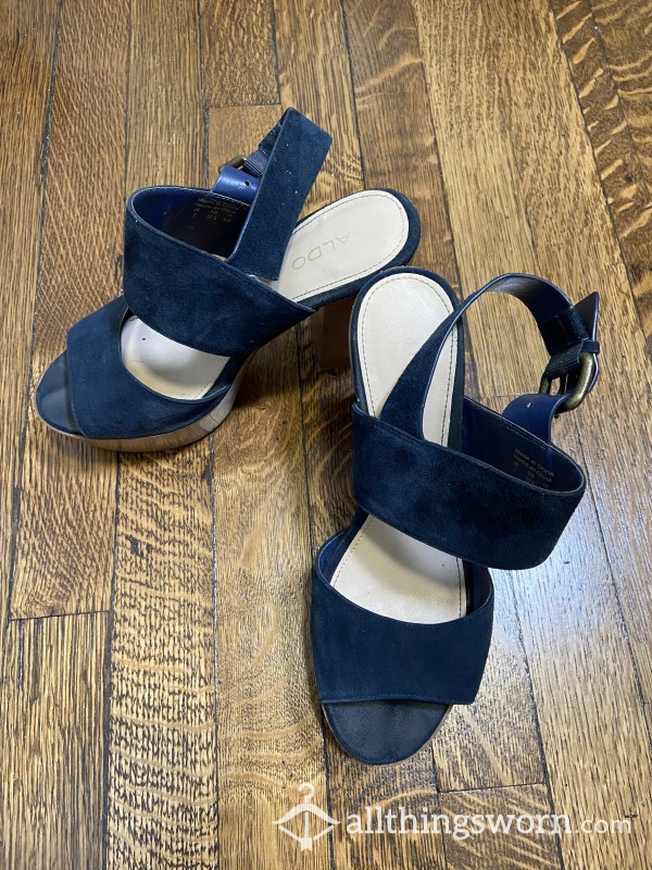 Well Worn Navy Blue Open Toed Heels (Ebony, Pet*te, 7.5, Shoes, High Heels)