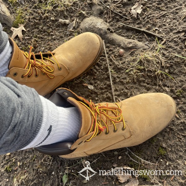 Well-worn Timberland Boots Size 13 With Nike Socks