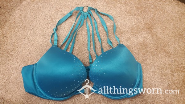 Well-Worn Victoria Secret Blue Strappy Rhinestone Studded Front Clasp Push Up Bra