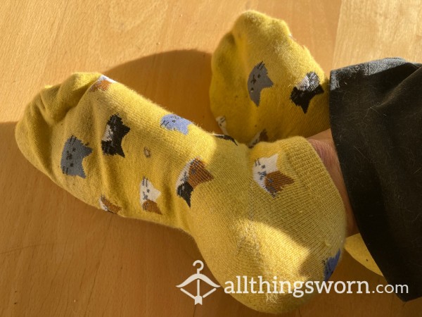 Well Worn Yellow Kitty Ankle Socks