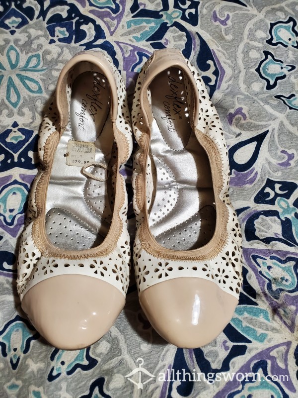 White And Nude Flats With Cutouts - Size 9W US