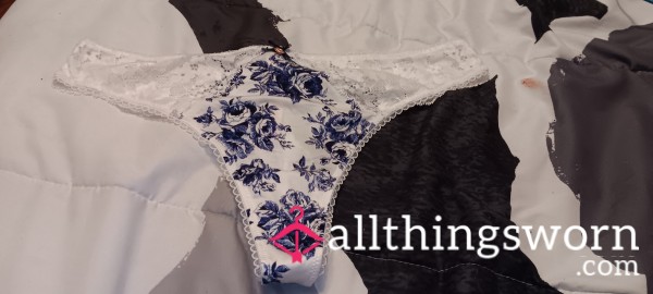 White & Blue Flor*l Satin VS Thong W/Lace Wasteband Size-XL