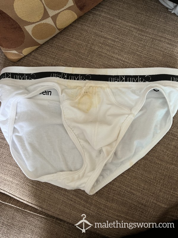 White Calvin Briefs, Stained