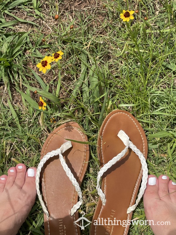 White Cute Flip Flop Sandals Well Worn