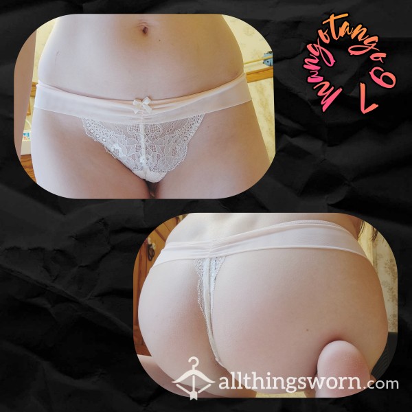 🌸 White Flor*l Lace And Pale Pink Mesh Thong, Small 🌸