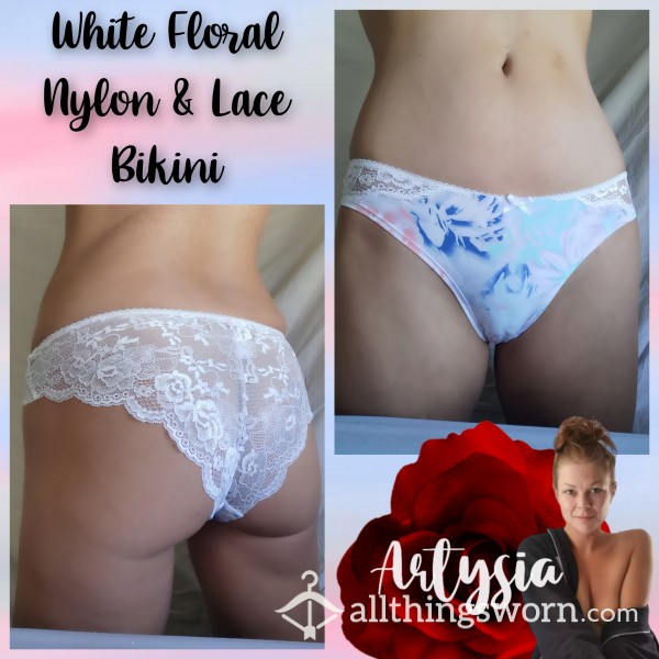 White Flor*l Nylon & Lace Bikini