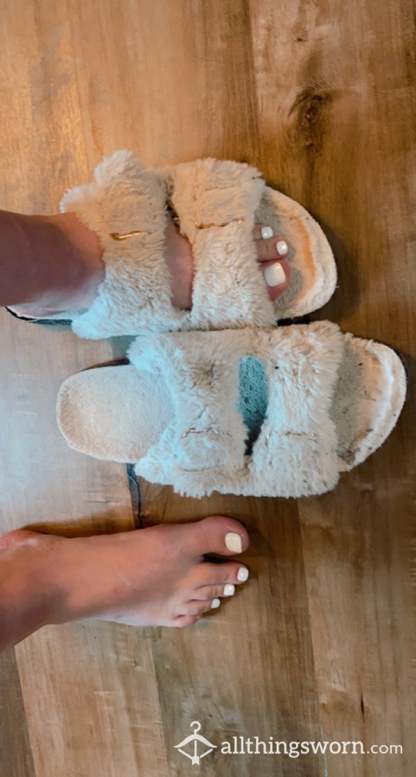 White Fluffy Very Worn Slippers