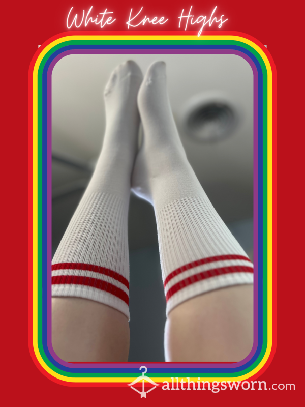 White Knee Highs W/ Red Stripes