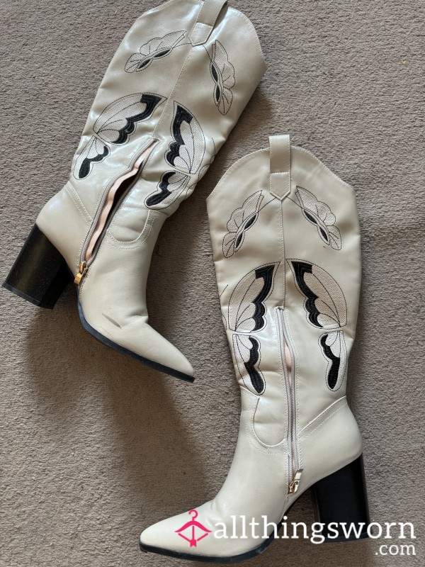 White Leather Cowgirl Knee Boots