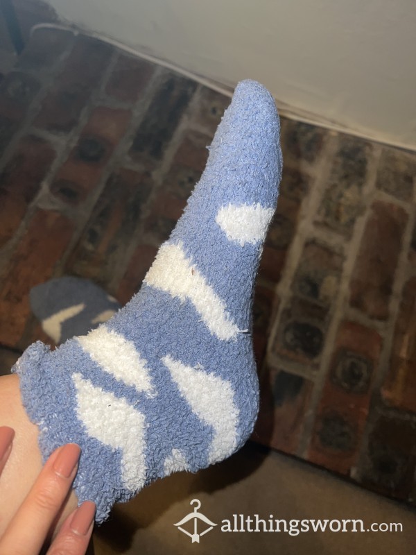 Nights Slipper Socks Blue With Cute White Hearts Xx