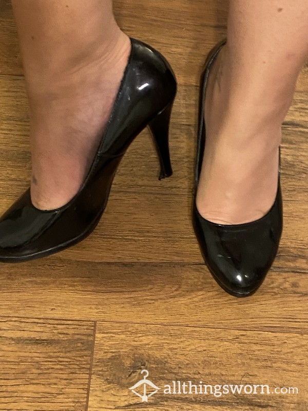 Worn And Trashed Black Patent Platform Stilettos