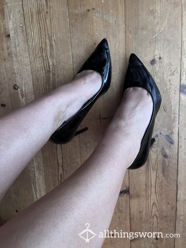 Worn, Black, Patent Stilettos