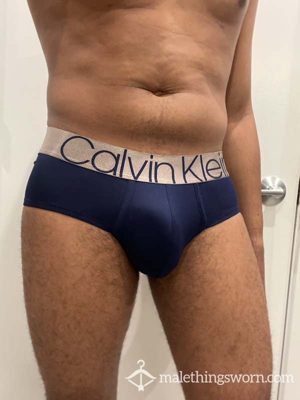 Worn Calvin Klein Blue And Gold Briefs