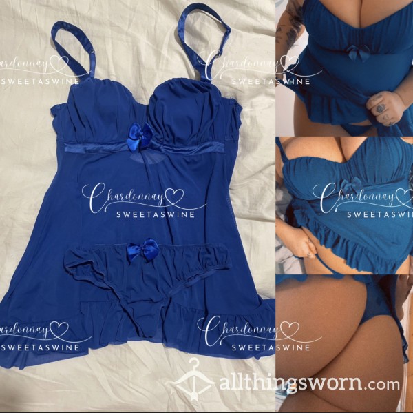 🍷UK M|💙Worn Mesh Blue Babydoll & Thong Set💙|Thong £23 Seperate|