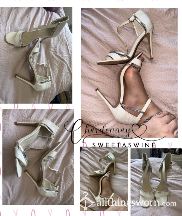 🍷UK 6|🦶🏼Worn White Snake Print Strappy P**p Toe Heels🤍